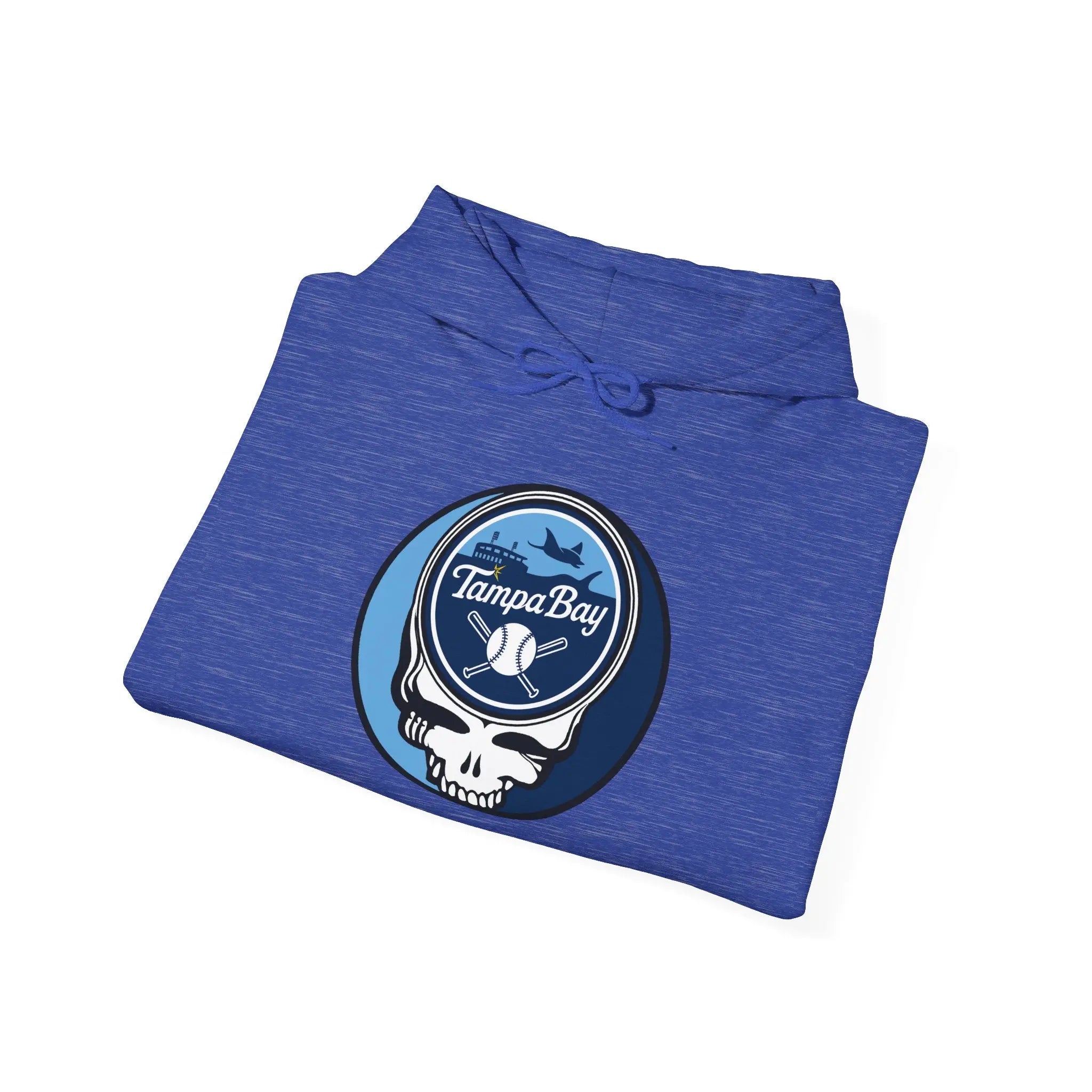 Navy Tampa Bay Rays hoodie folded with drawstring hood and round team logo patch
