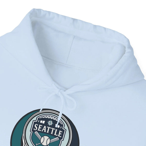Light blue Mariners hoodie close-up of hood and front Seattle logo graphic