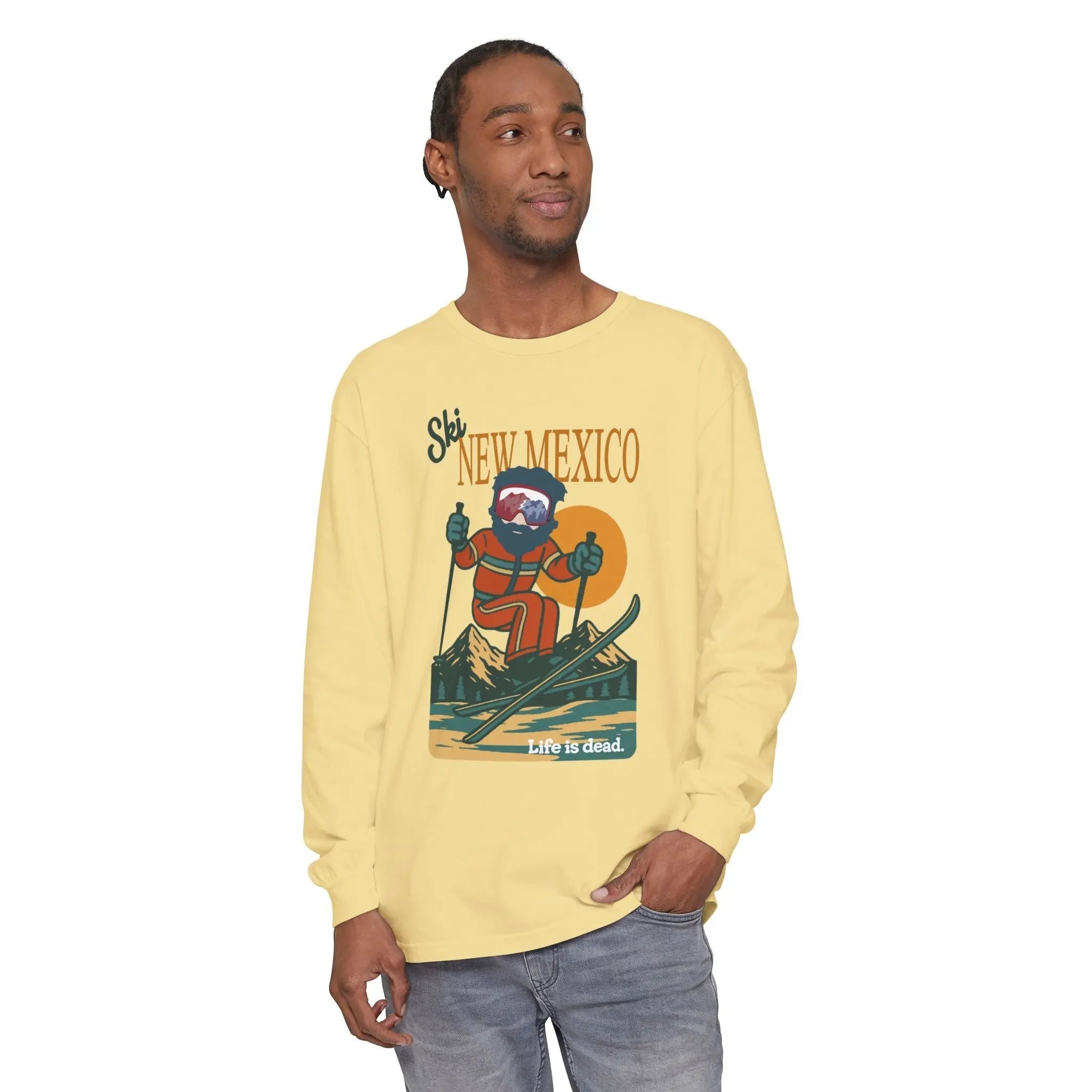 Yellow long-sleeve graphic T-shirt with front New Mexico rider print