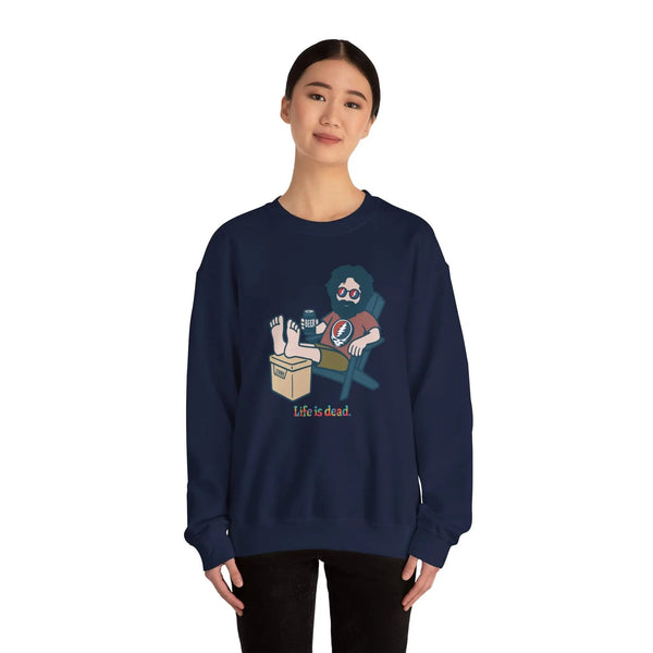 Navy crewneck sweatshirt with Jerry beer graphic on chest