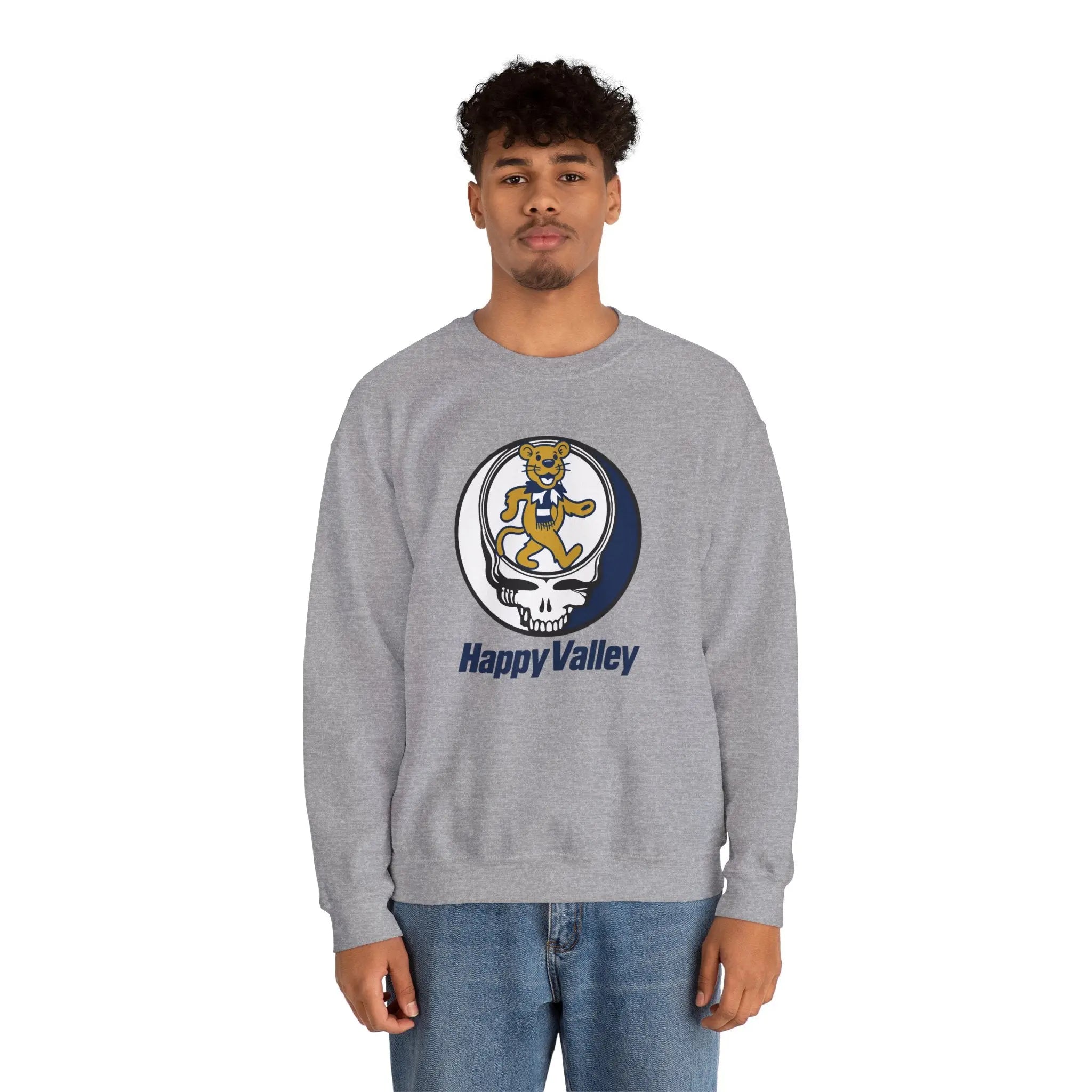 Sport grey crewneck sweatshirt with circular dancing lion logo on the chest