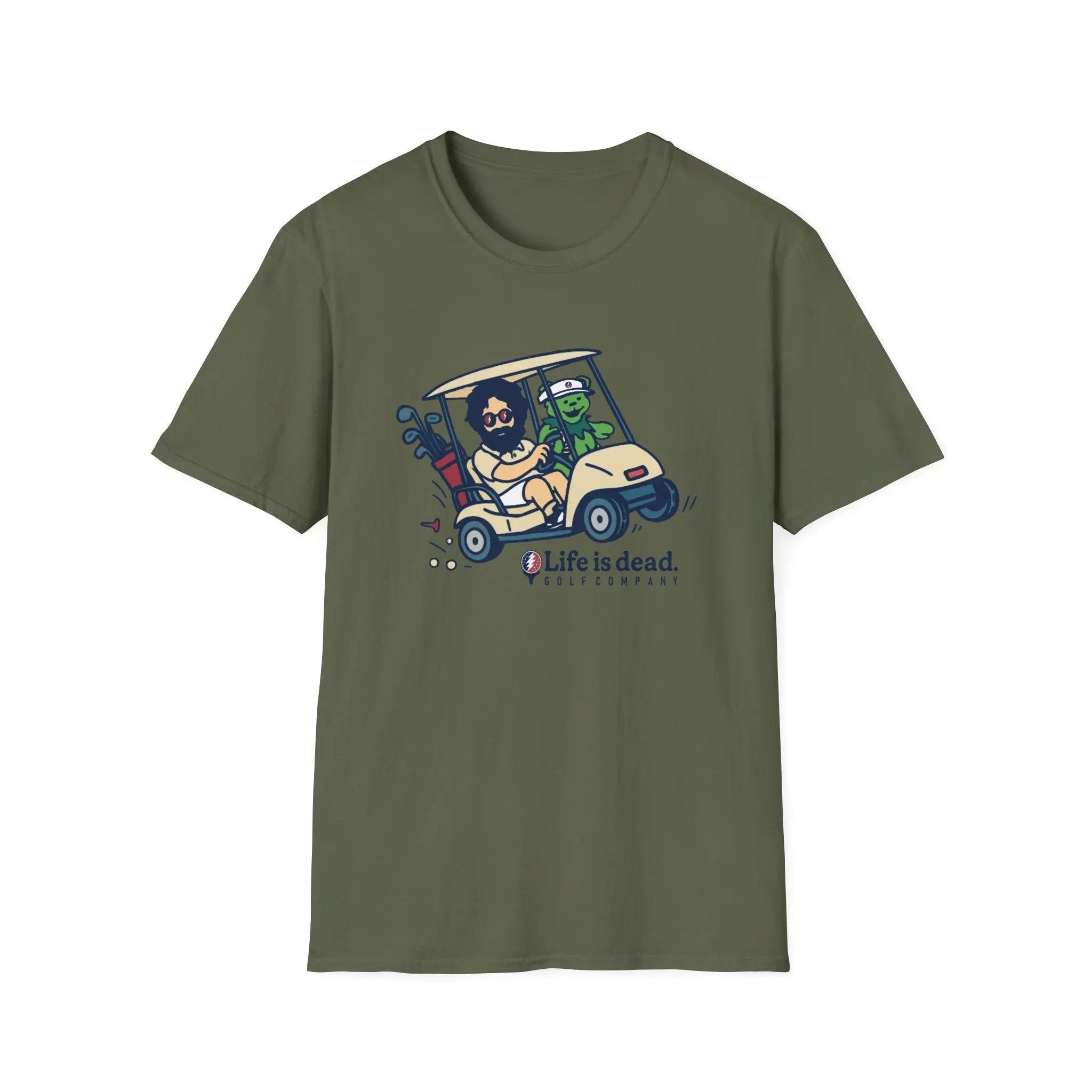 Olive green graphic T-shirt with colorful cartoon truck and character front print