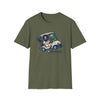 Olive green graphic T-shirt with colorful cartoon truck and character front print