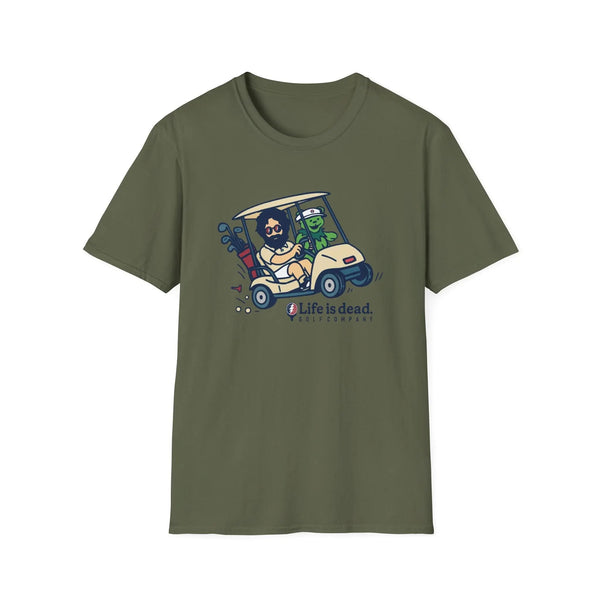 Olive green graphic T-shirt with colorful cartoon truck and character front print