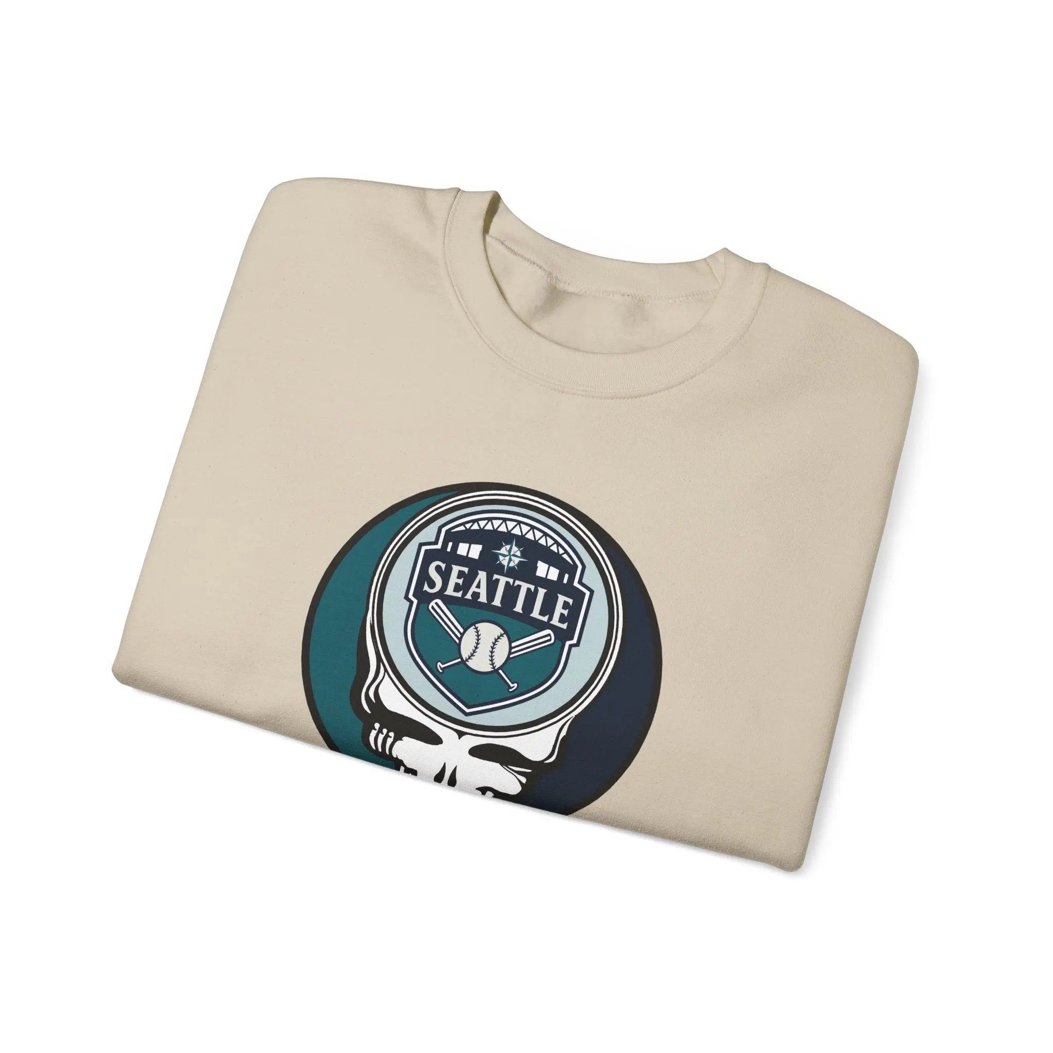 Light sand crewneck sweatshirt with Seattle Mariners chest graphic and logo