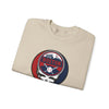 Sand crewneck sweatshirt featuring a large circular Boston skull logo