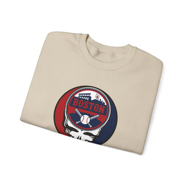 Sand crewneck sweatshirt featuring a large circular Boston skull logo