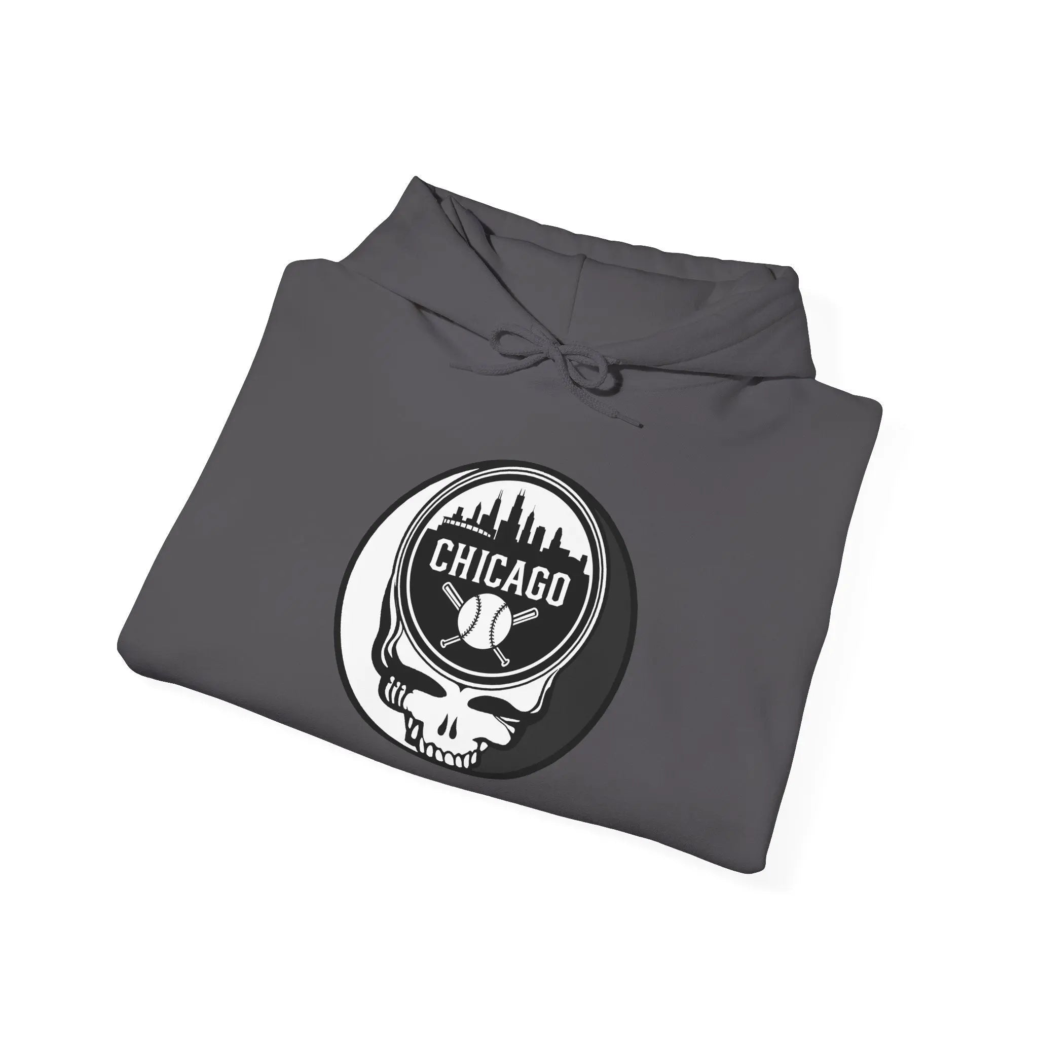 Charcoal hoodie with hood drawstrings and round Chicago emblem graphic on front