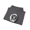 Charcoal hoodie with hood drawstrings and round Chicago emblem graphic on front