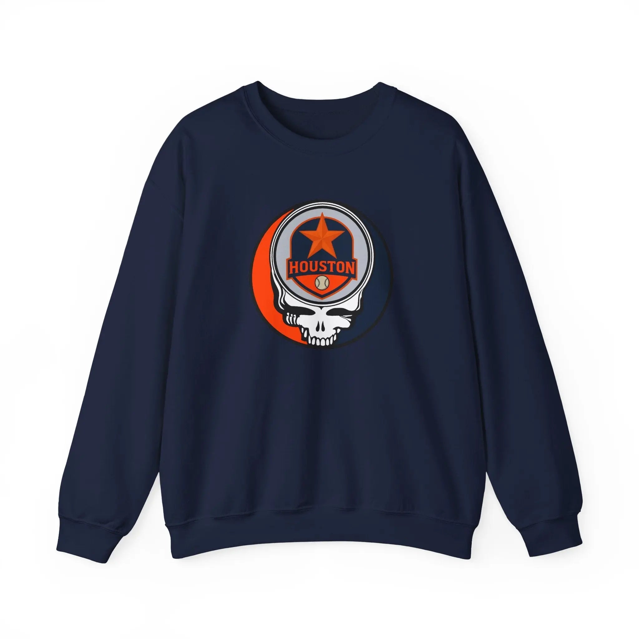 Navy crewneck sweatshirt with Houston Astros Stealie skull logo on front