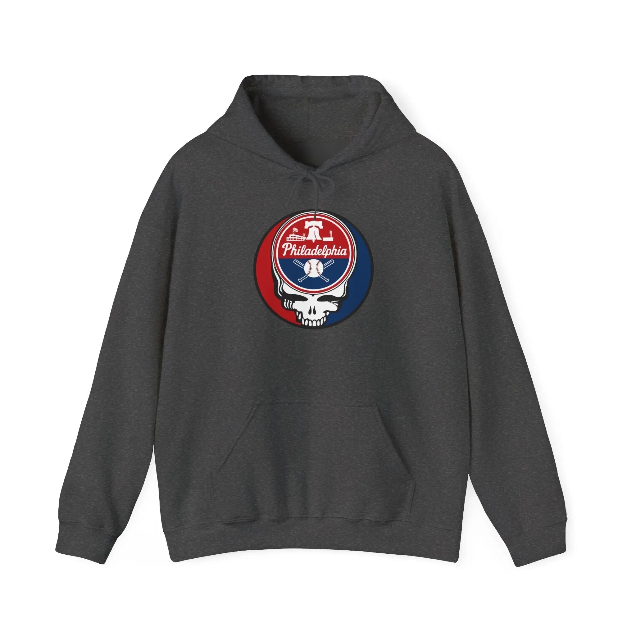 Dark gray hoodie with front pouch pocket and circular Philadelphia team logo