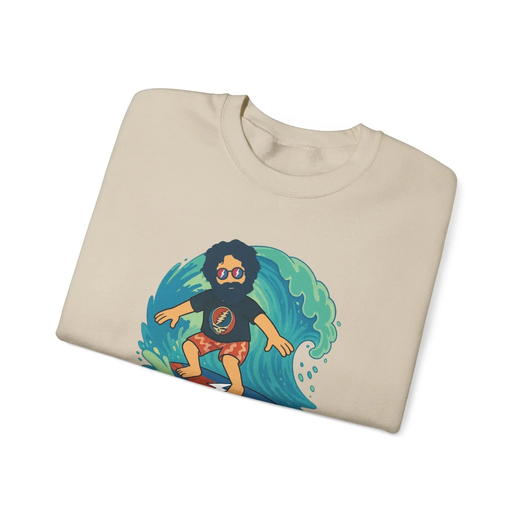 Beige crewneck sweatshirt with surfing character graphic and Life is dead. text