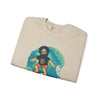 Beige crewneck sweatshirt with surfing character graphic and Life is dead. text