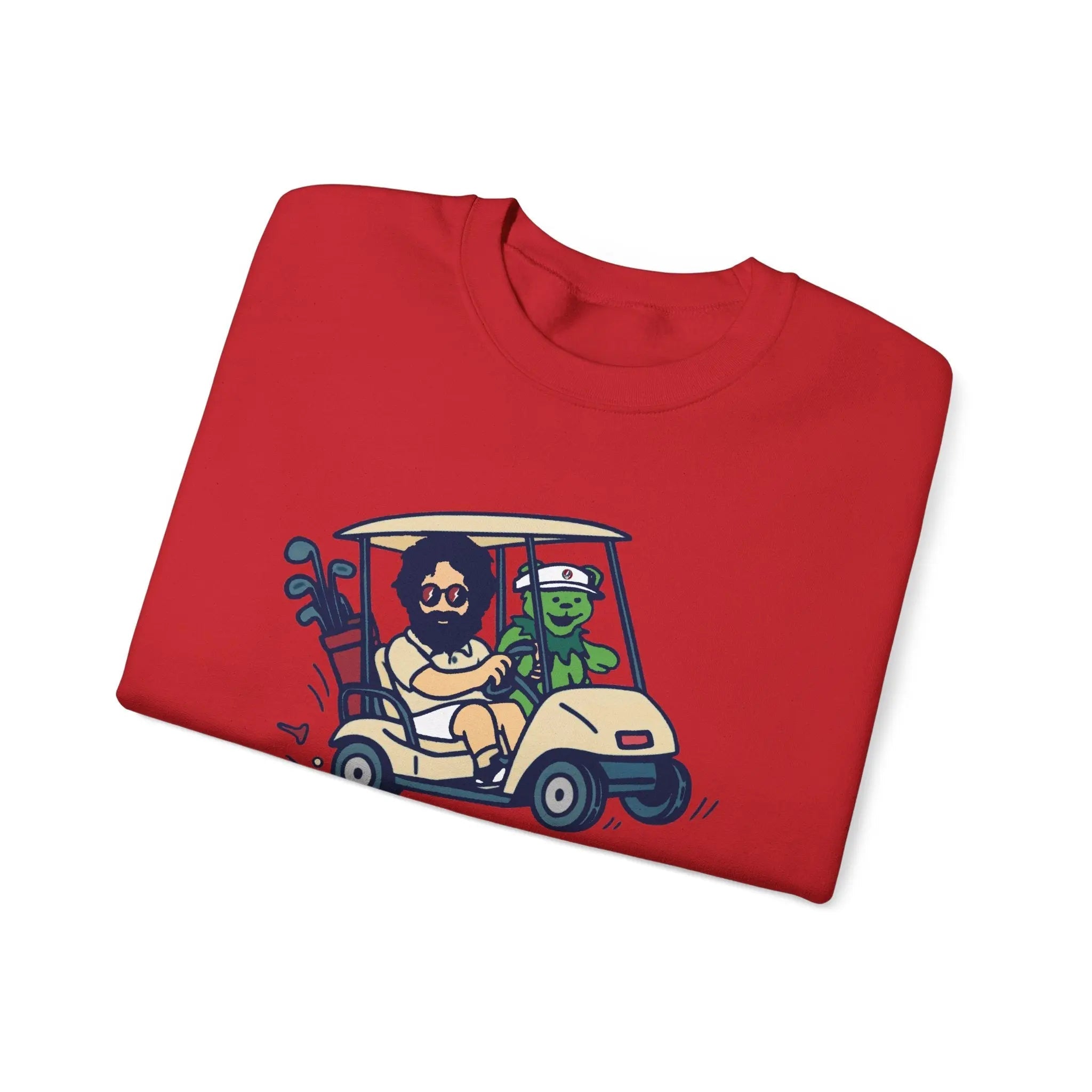 Red crewneck sweatshirt flat lay with cartoon car-and-characters graphic