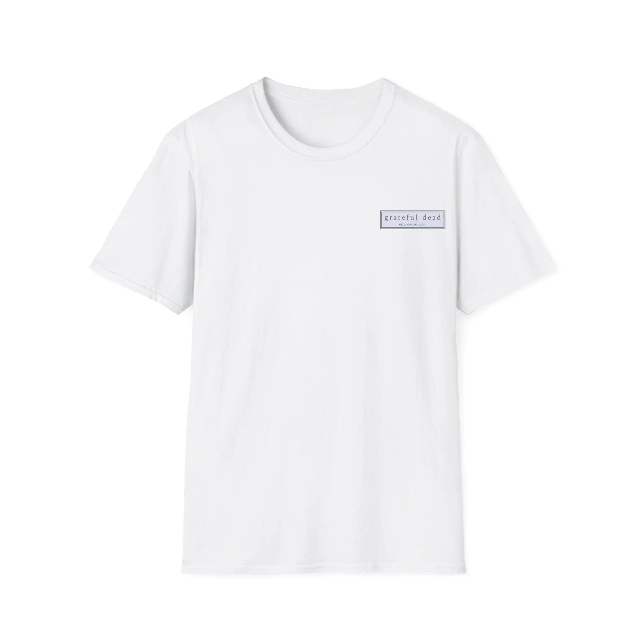 White two-sided graphic t-shirt with small rectangular chest logo