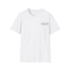 White two-sided graphic t-shirt with small rectangular chest logo