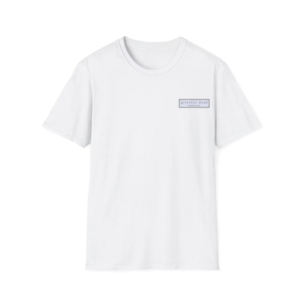 White two-sided graphic t-shirt with small rectangular chest logo