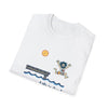 White crewneck T-shirt with blue lake graphic and jumping cartoon character print
