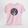 Pink T-shirt with circular New York Mets logo skull graphic on chest