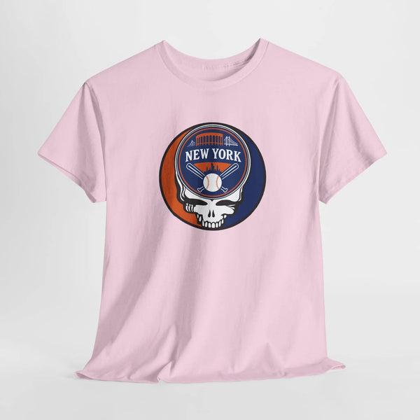 Pink T-shirt with circular New York Mets logo skull graphic on chest