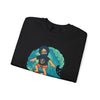 Black crewneck sweatshirt with surfer character graphic on the front