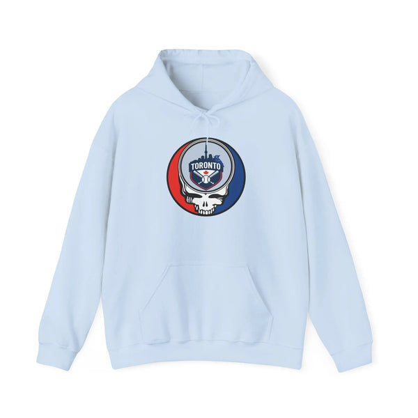 Light blue Toronto Blue Jays pullover hoodie with hood, drawstring, and front logo