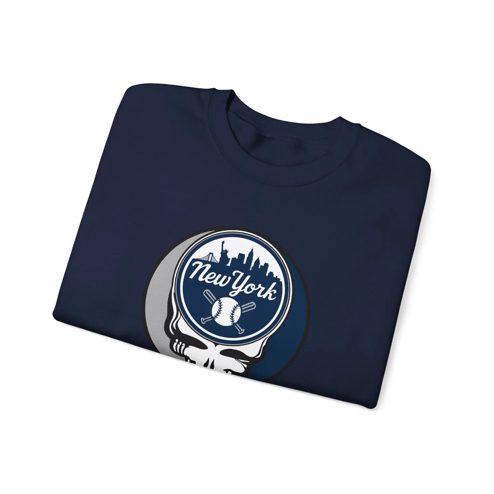 Navy crewneck sweatshirt with round New York skull Stealie graphic on front