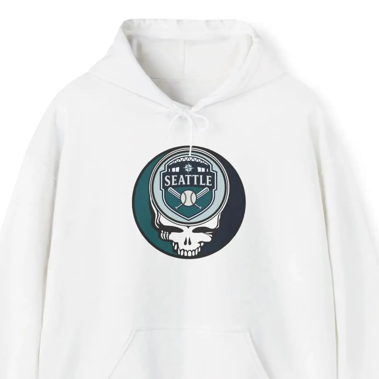 Seattle Mariners hoodie in white with front circular logo and hood drawstring