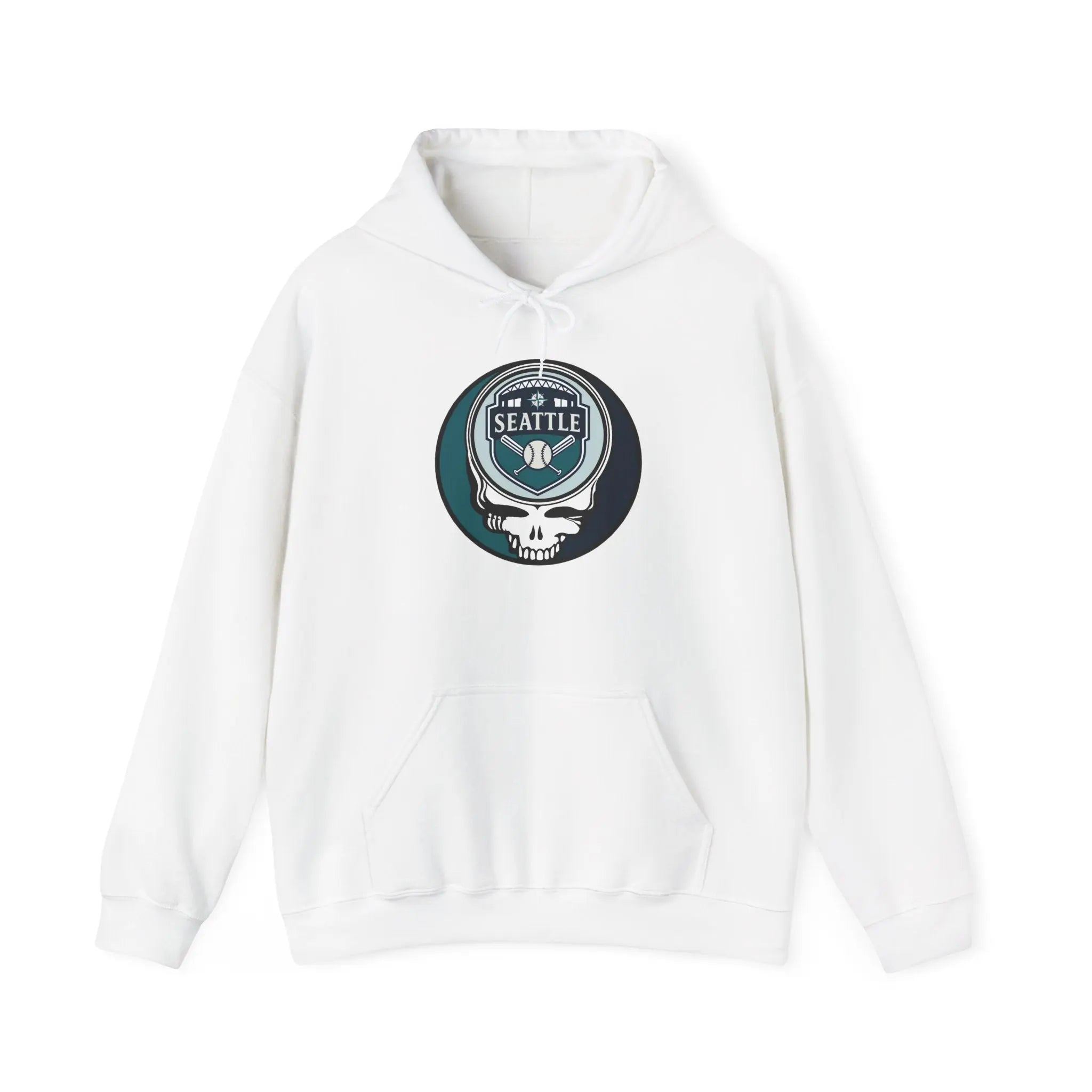 Seattle Mariners hoodie in white with front circular logo, hood drawstring, kangaroo pocket