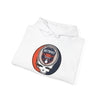White pullover hoodie with Detroit logo graphic and drawstring hood