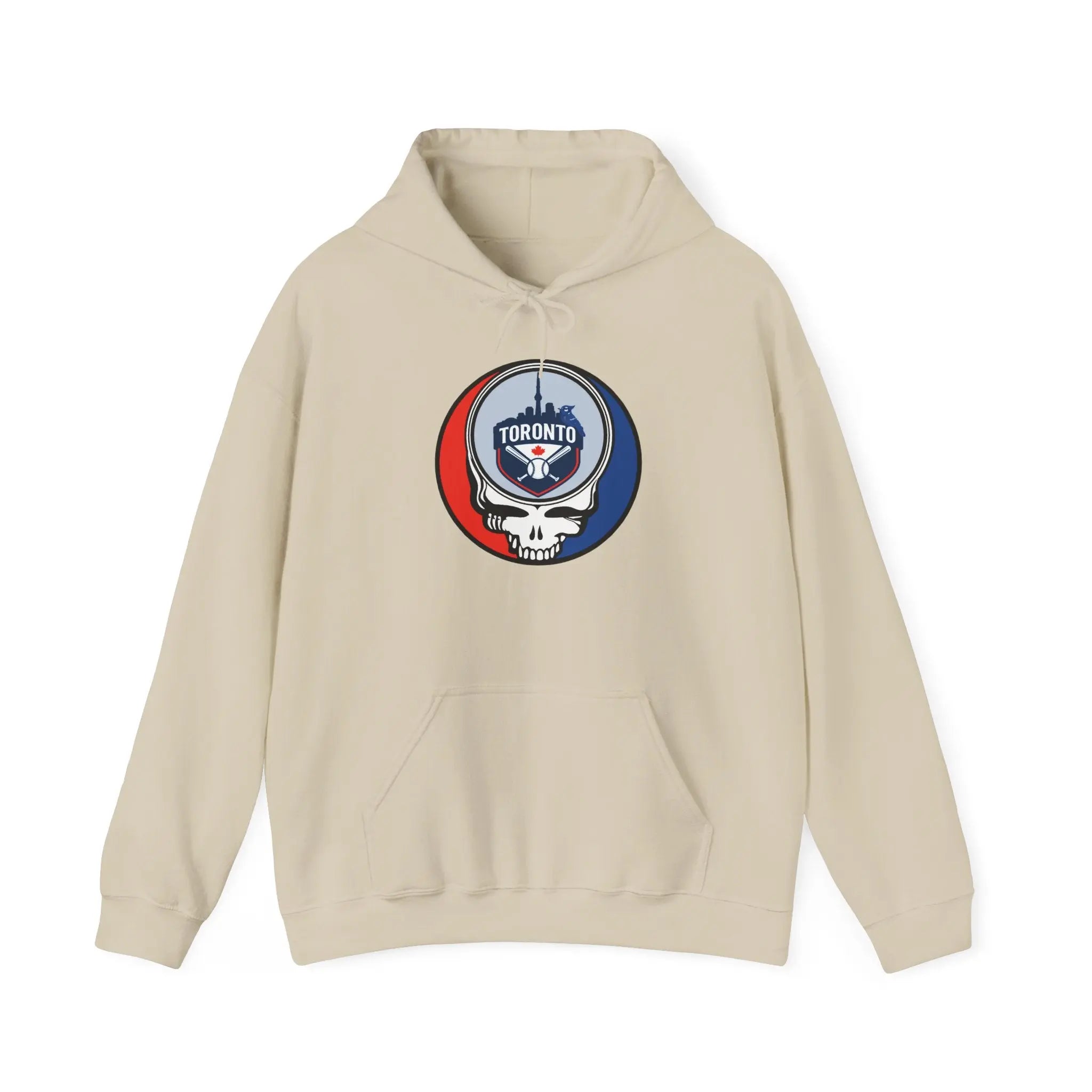 Light cream hoodie with front pouch pocket, drawstring hood, Toronto logo emblem