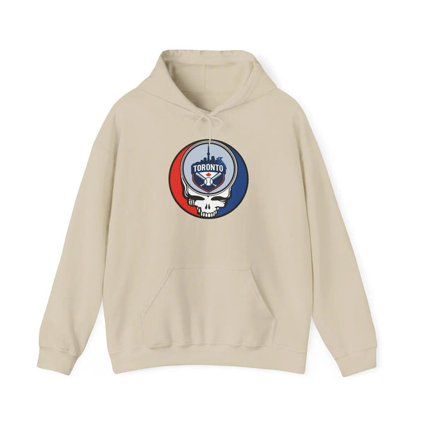Light cream hoodie with front pouch pocket, drawstring hood, Toronto logo emblem