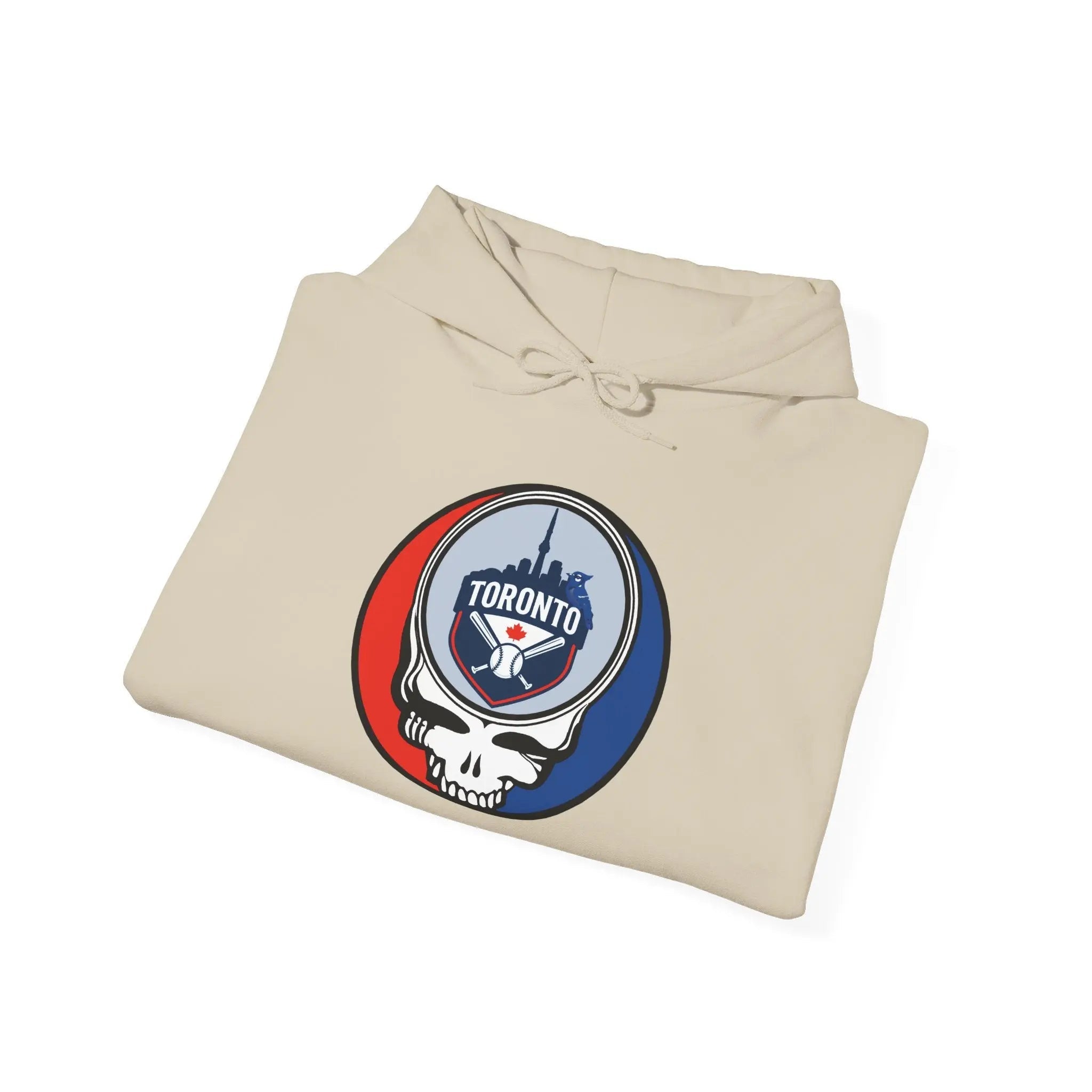 Light beige pullover hoodie with front circular Toronto logo patch and drawstring hood
