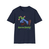 Navy graphic T-shirt with cartoon rider and "Keep On Truckin'" text on front