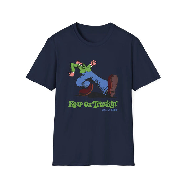 Navy graphic T-shirt with cartoon rider and "Keep On Truckin'" text on front