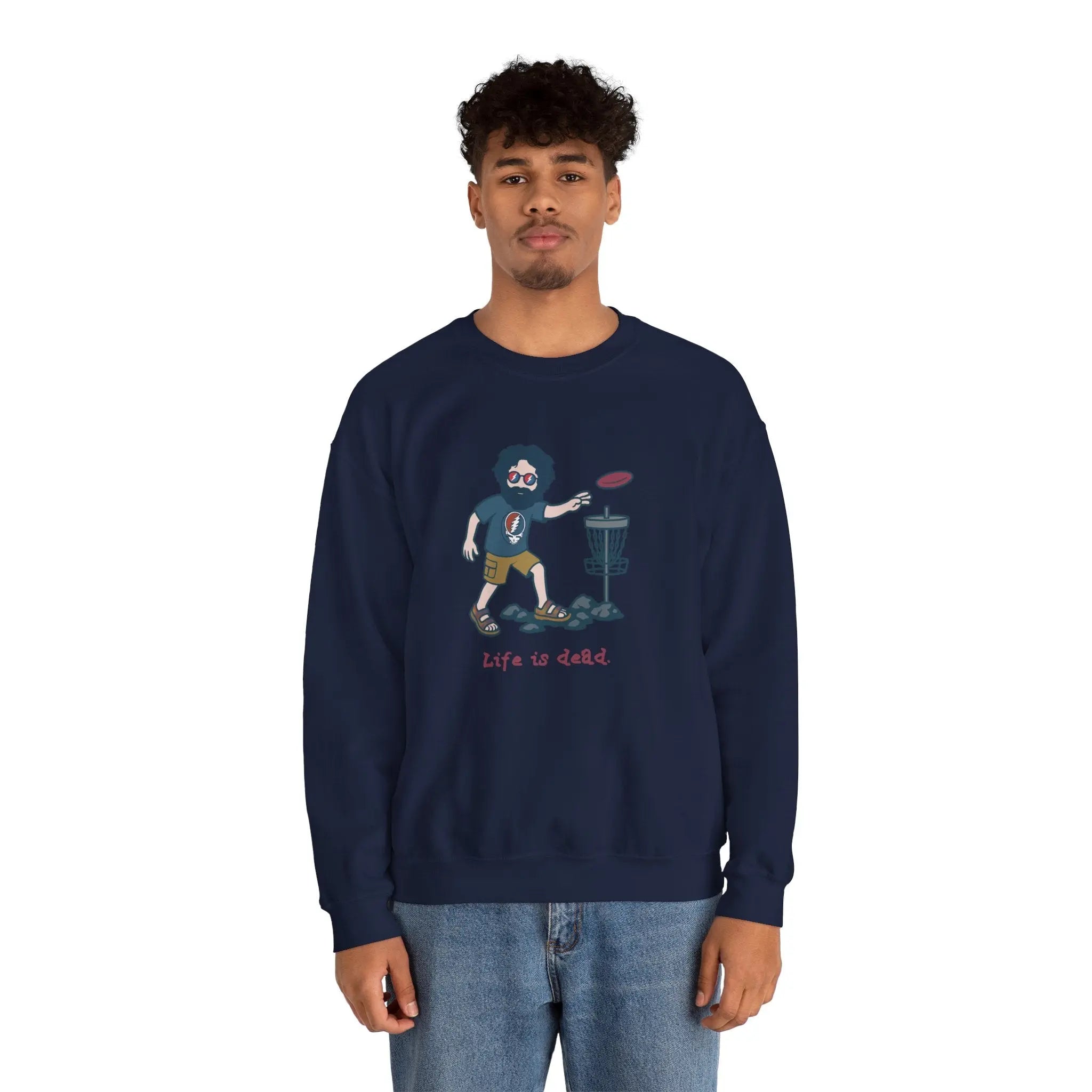 Disc Golfin' Jerry navy crewneck sweatshirt, model wearing with front cartoon golfer graphic