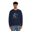 Disc Golfin' Jerry navy crewneck sweatshirt, model wearing with front cartoon golfer graphic