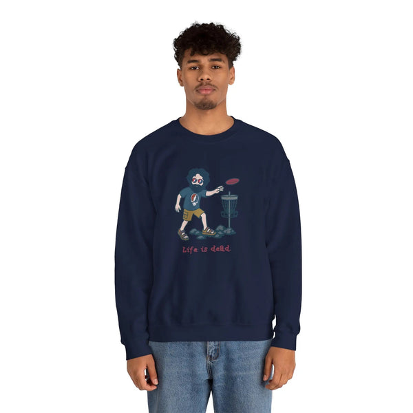 Disc Golfin' Jerry navy crewneck sweatshirt, model wearing with front cartoon golfer graphic