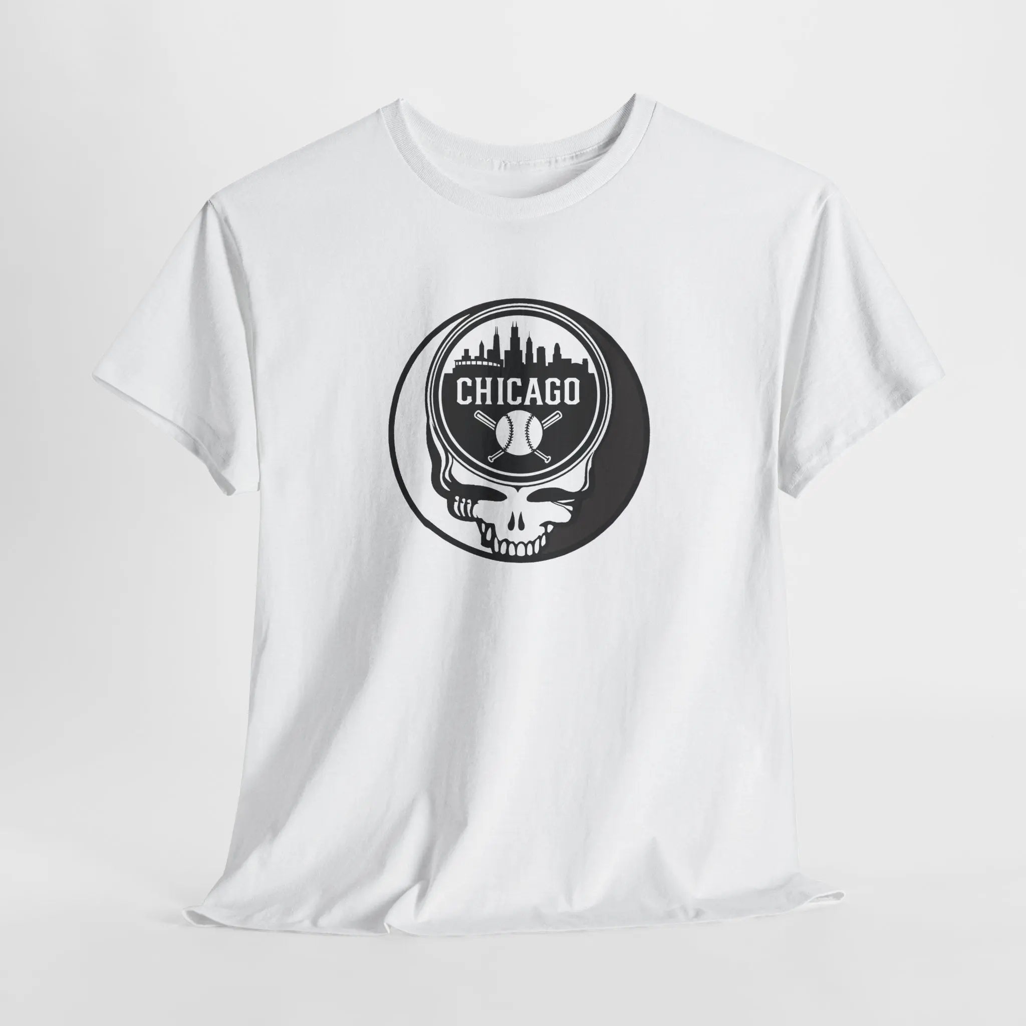 White Chicago Stealie skull T-shirt with circular logo graphic at center front