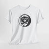 White Chicago Stealie skull T-shirt with circular logo graphic at center front