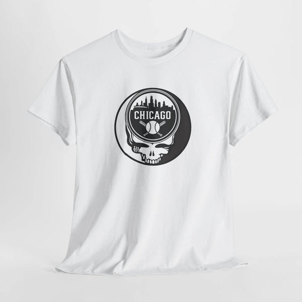White Chicago Stealie skull T-shirt with circular logo graphic at center front