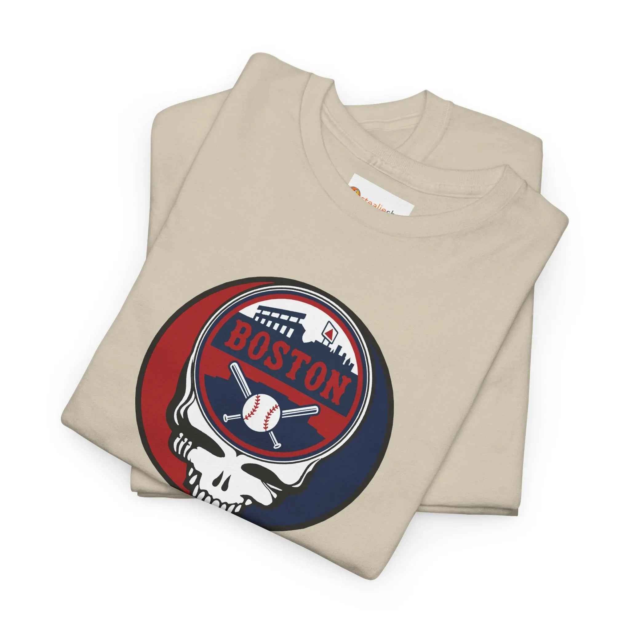 Light beige crewneck T-shirt with circular Boston logo and skull graphic
