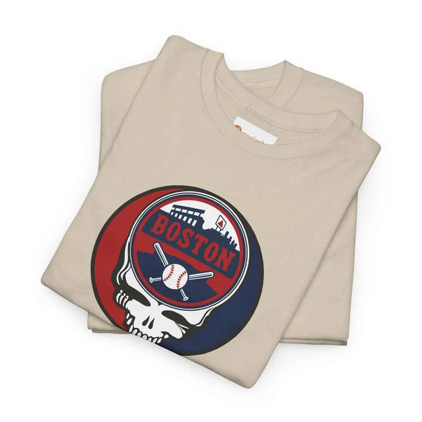 Light beige crewneck T-shirt with circular Boston logo and skull graphic
