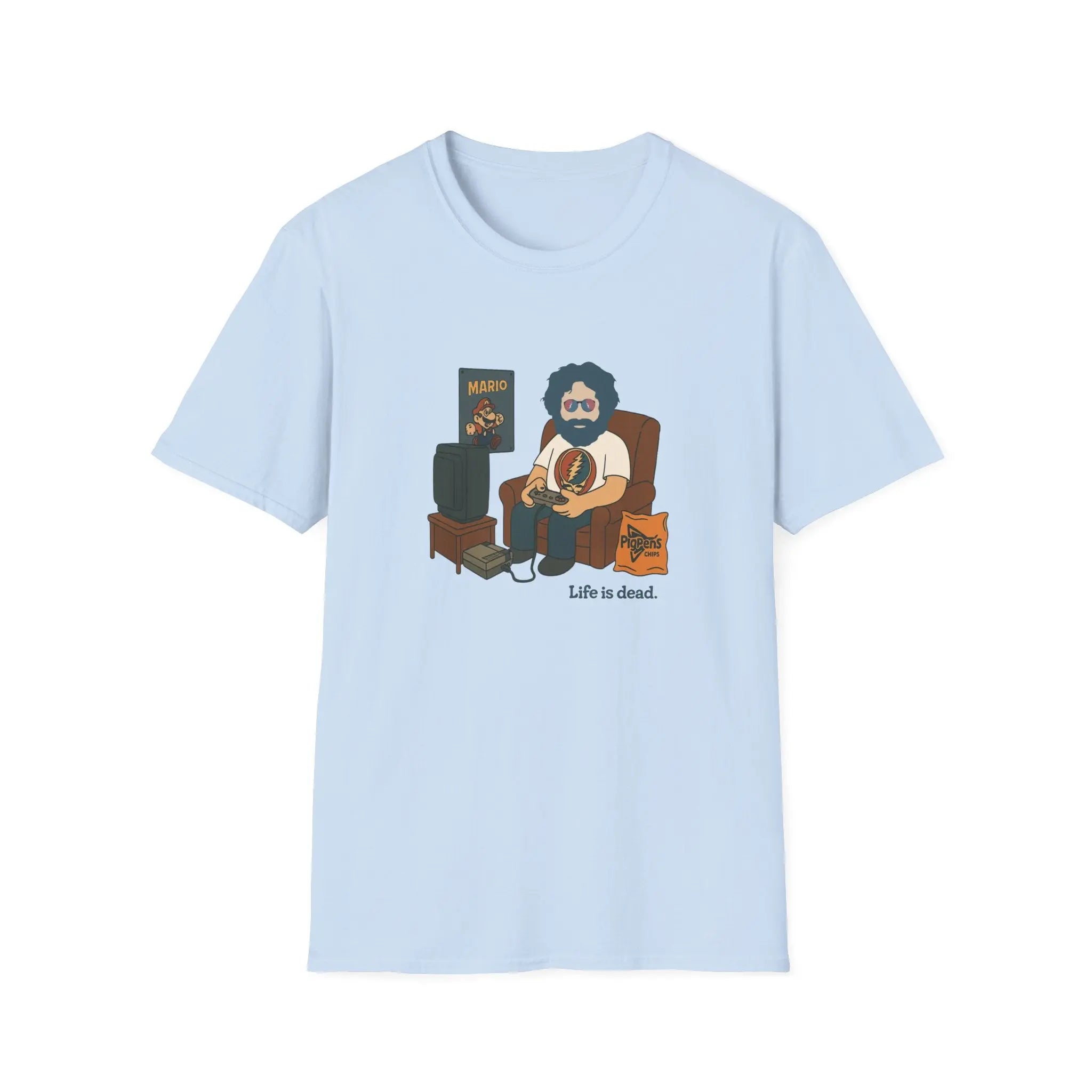 Light blue crew-neck graphic T-shirt with front cartoon character print