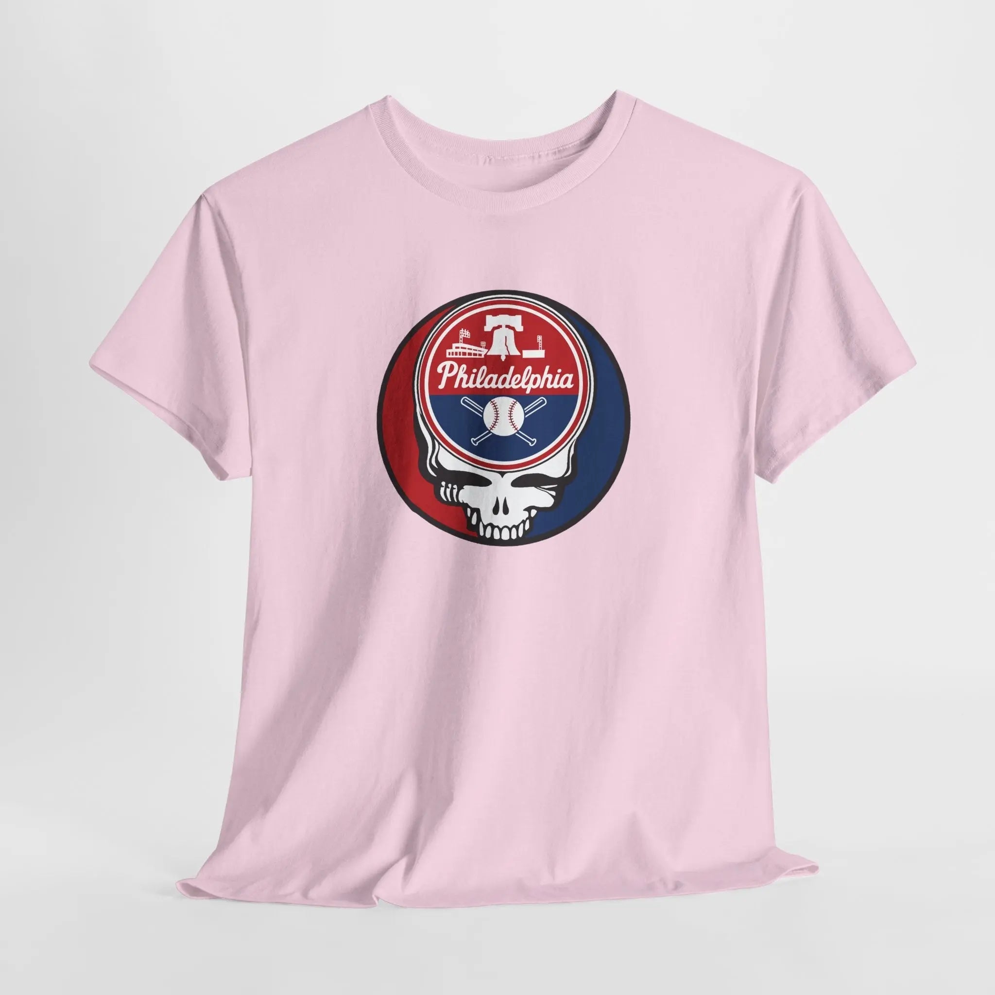 Pink T-shirt with round Philadelphia logo skull graphic on the chest