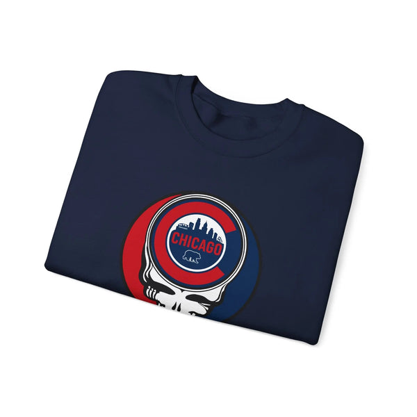 Navy crewneck sweatshirt with Chicago Stealie graphic