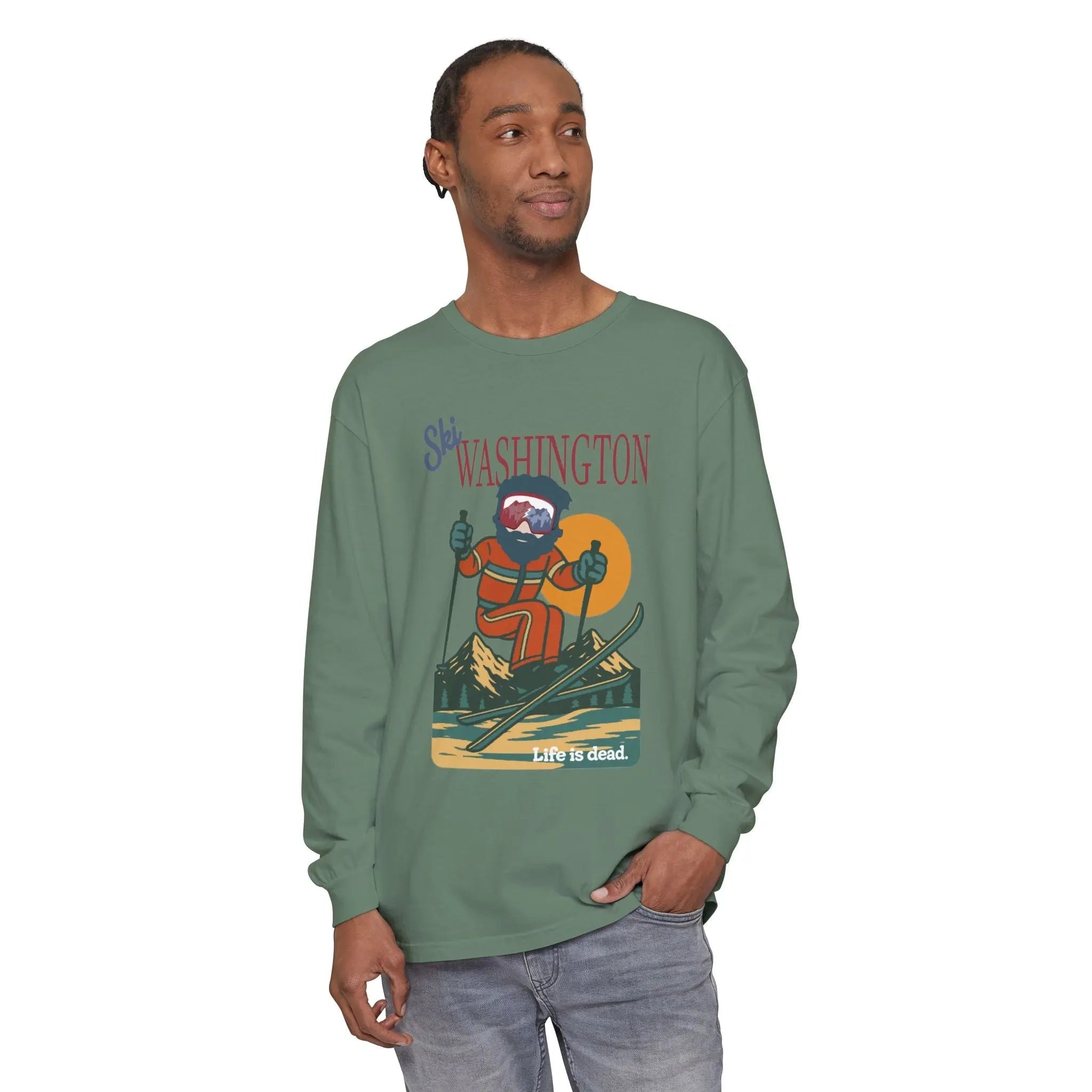 Men's long sleeve t-shirt in green with Washington character graphic on chest