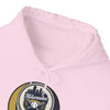 Light pink hoodie close-up of drawstring hood and Milwaukee logo patch