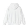 White pullover hoodie with drawstring hood and kangaroo pocket, back view