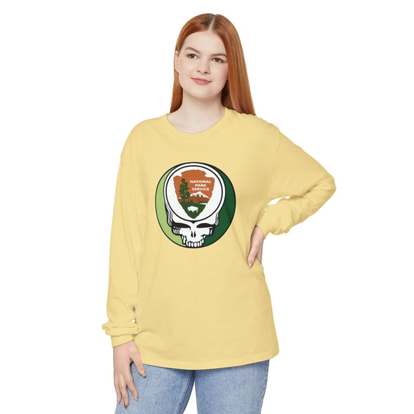 Butter yellow long-sleeve t-shirt with National Park Service skull logo on chest